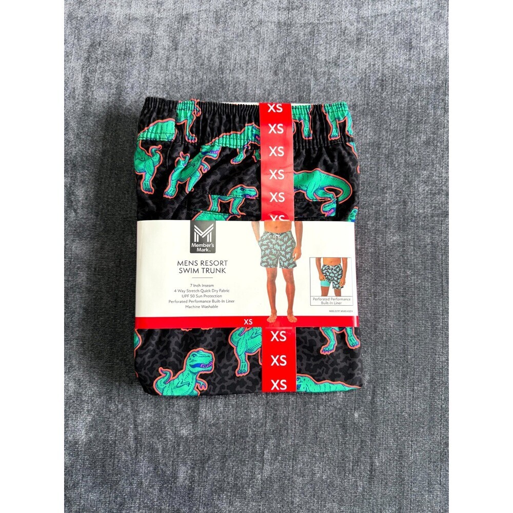 NWT Member's Mark Resort Swim Trunks Men's XS Black Dinosaur Print UPF 50+ Lined